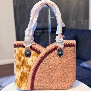 Montana West Tooled & Cowhide Whipstitch Tote Bag Pink